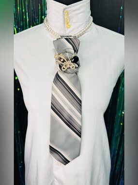 Elegant Gray, Pink, Black Striped Necktie with Butterfly Brooch